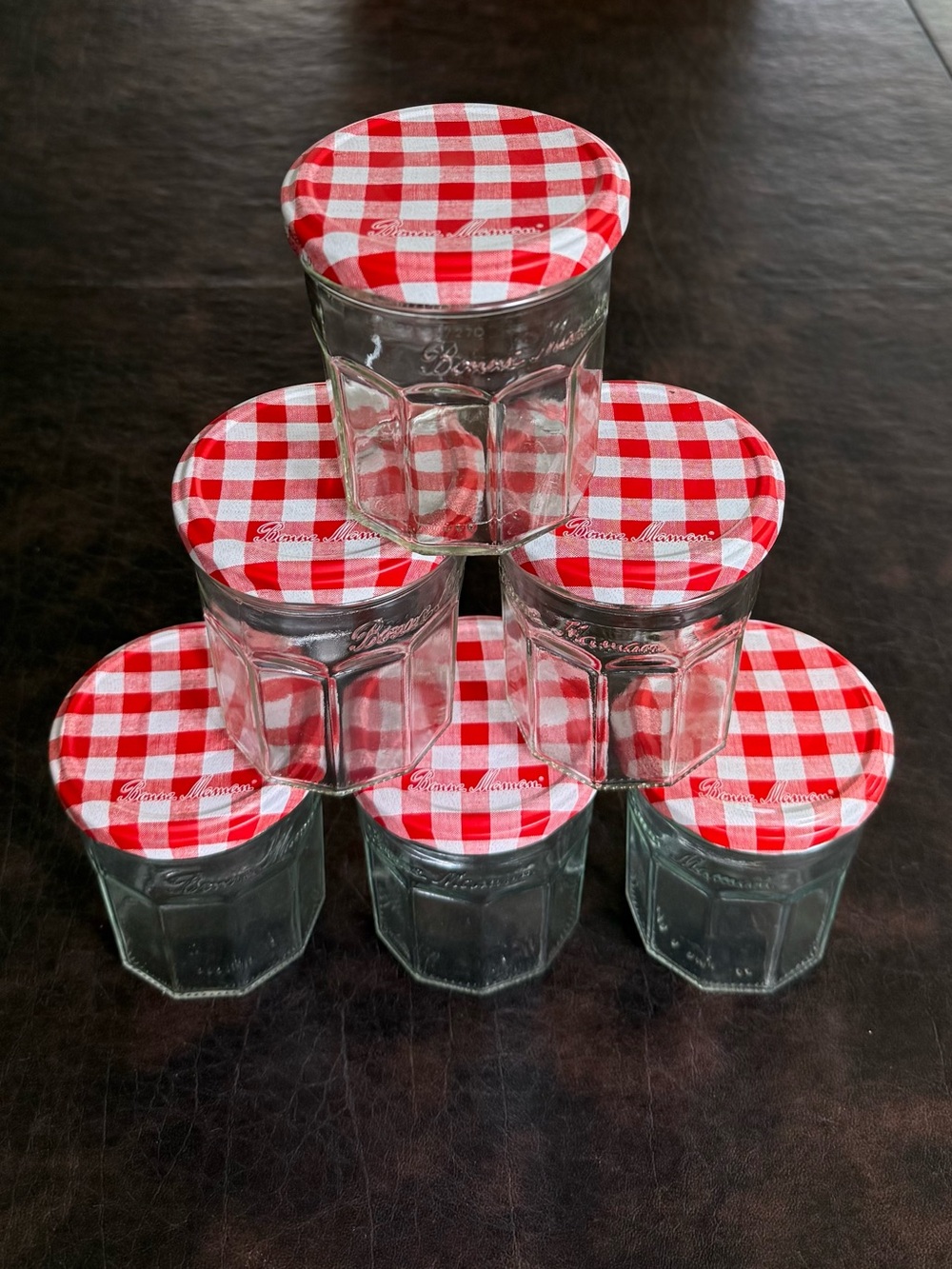6 Bonne Maman Glass Jam Jelly Jars 13oz 4" Clean Gingham Red Lids Craft Kitchen